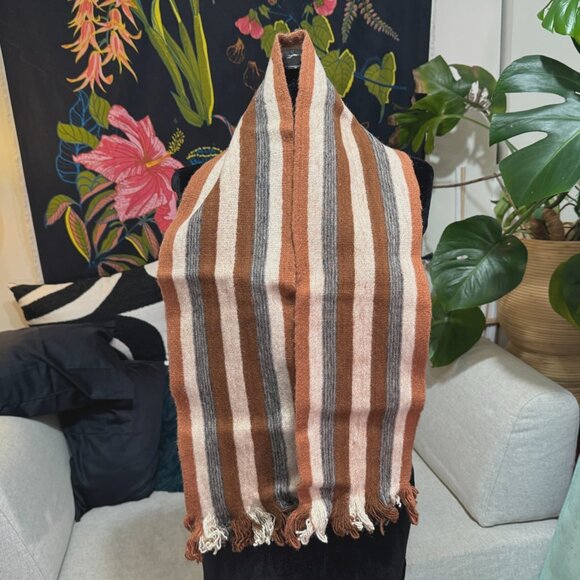 Ecuadorian 100% Wool Fringed Striped Scarf, Multi-Color Natural/Brown/Grey - Picture 4 of 10